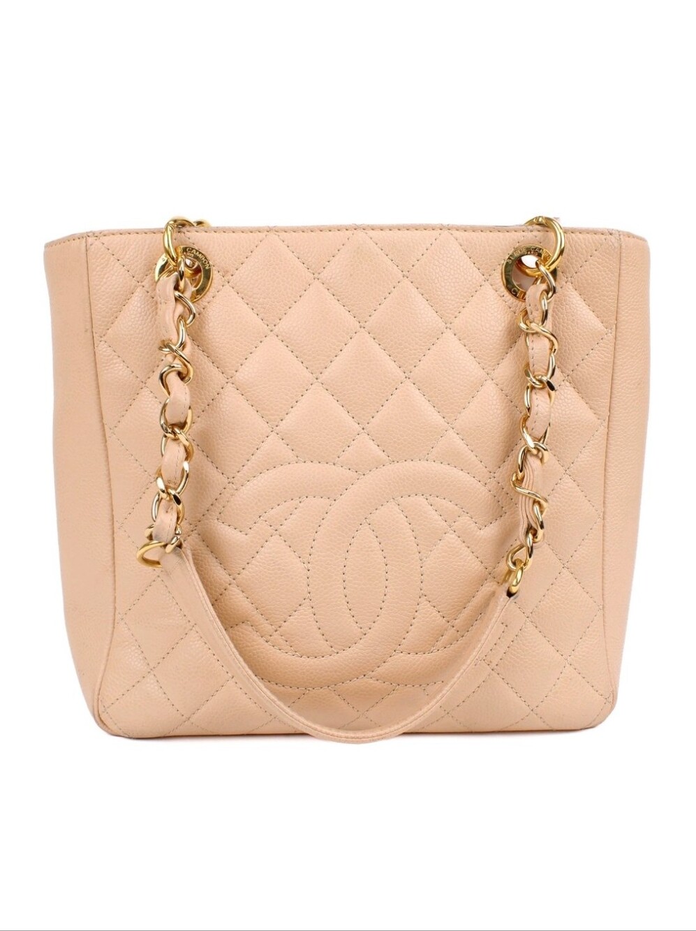 CHANEL Bag Chain Tote Grained Caviar Logo "CC" Bag Calfskin Beige/Blush Gold HRW - Picture 1 of 14